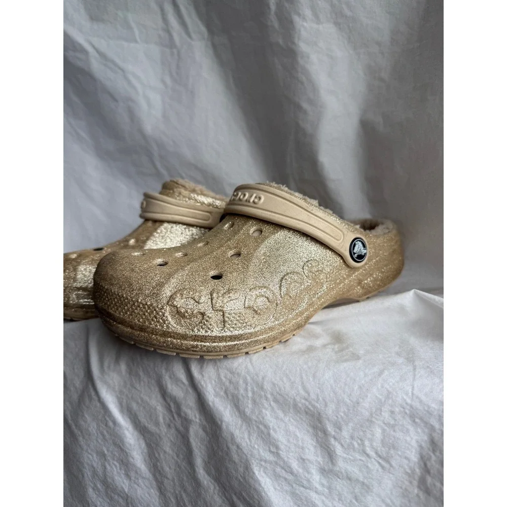 Crocs Classic Lined Gold Glitter Clogs Kids Size J2 Faux Fur Warm Sparkle Shoes‎